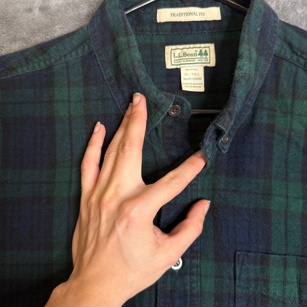 L.L. Bean Mens Flannel Green Long Sleeve Button Down Collard Shirt Size XL-Tall - Picture 3 of 7